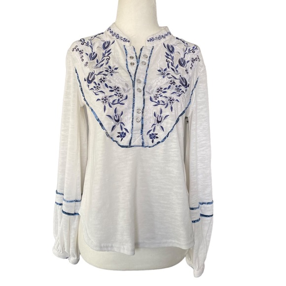 FREE PEOPLE White and Blue Sundance Kid Henley Top XSmall - Picture 5 of 15